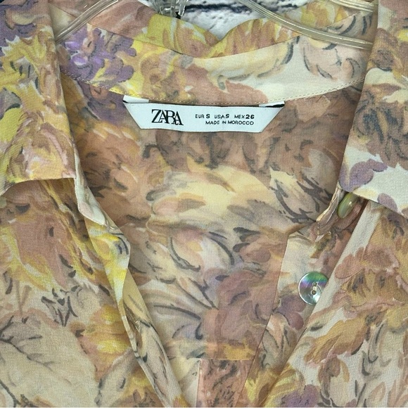 Zara Printed Long Sleeve Shirt Button Down Tunic Dress Sheer Floral Small - Picture 5 of 9